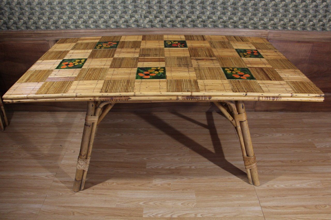 Rattan And Ceramic Dining Room Table From Audoux Minet By Adrien Audoux & Frida Minet, 1960s photo for sale