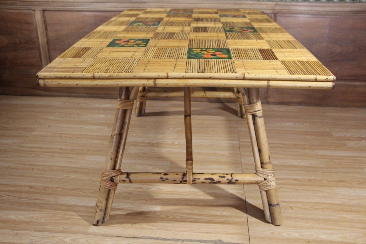Rattan And Ceramic Dining Room Table From Audoux Minet By Adrien Audoux & Frida Minet, 1960s photo Furniture