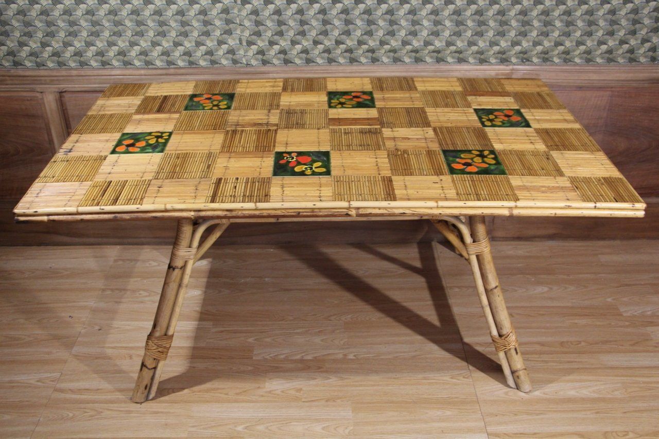 Rattan And Ceramic Dining Room Table From Audoux Minet By Adrien Audoux & Frida Minet, 1960s photo 1140.0