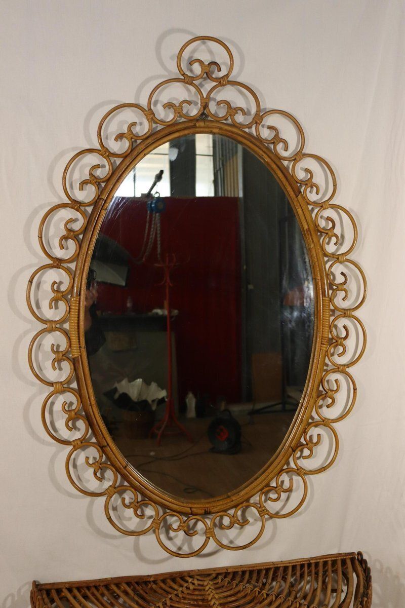 Huge Rattan Entrance Mirror And Saddle By Franco Albini, 1960, Set Of 2 photo for sale