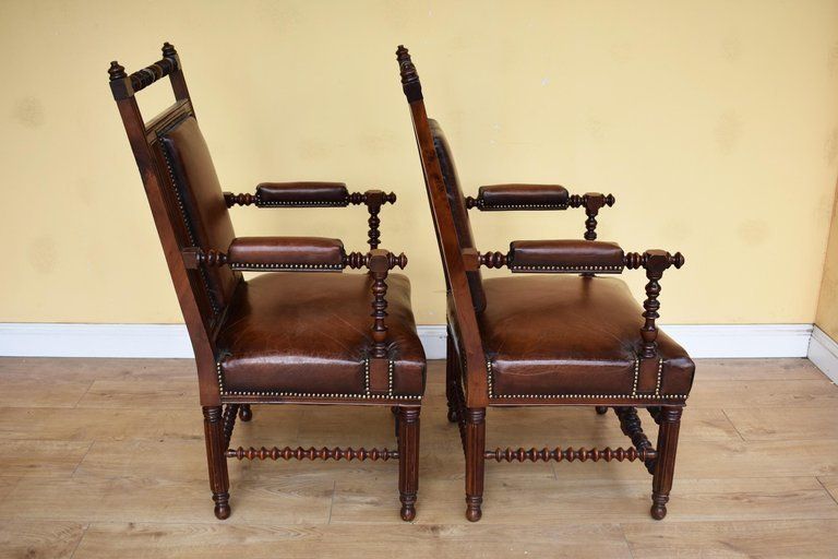 Pair Of 19th Century English Victorian Gothic Revival Walnut Armchairs photo for sale