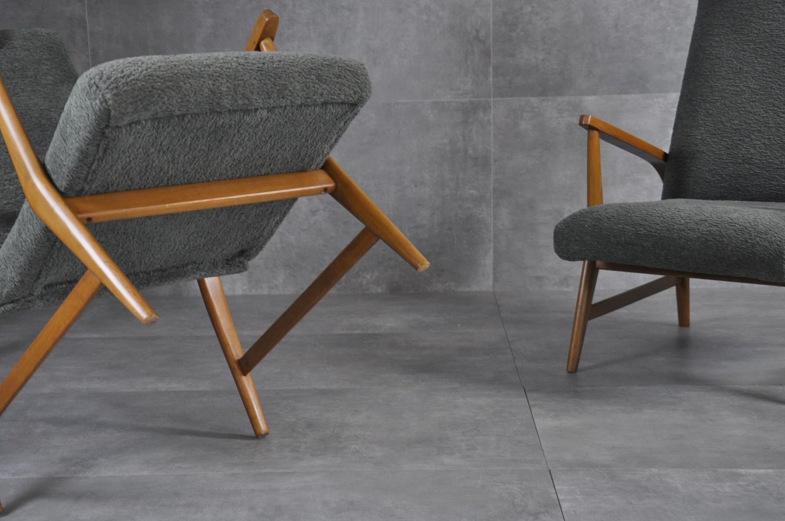 Furniture Set Of Armchair In Wood And Bouclè, 1950s photo