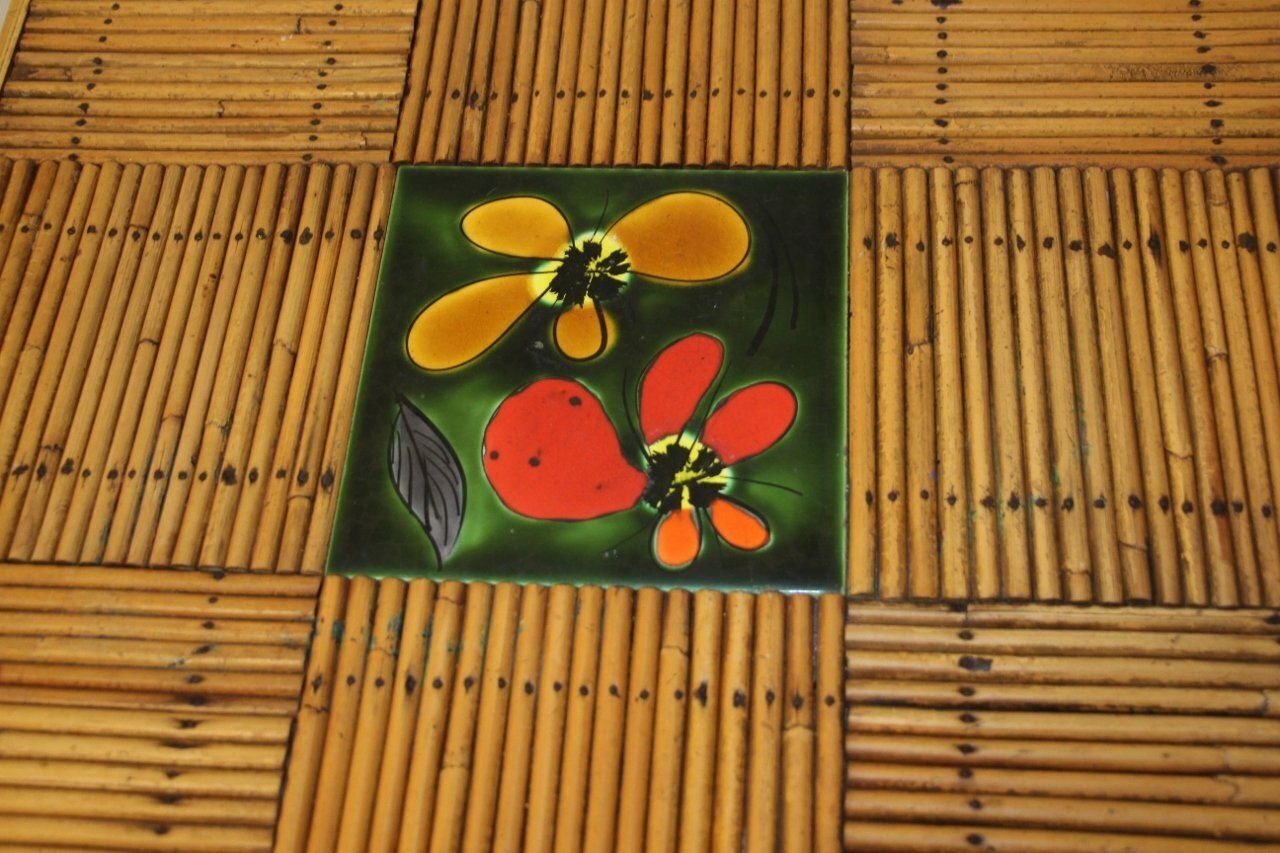 Coffee Table In Rattan And Ceramic By Audoux Minet For Vallauris, 1960s photo for sale