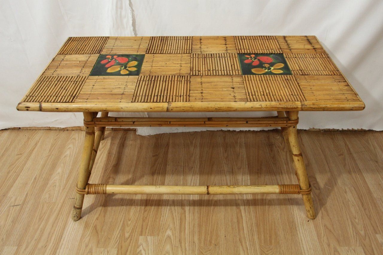 Coffee Table In Rattan And Ceramic By Audoux Minet For Vallauris, 1960s photo 918.0
