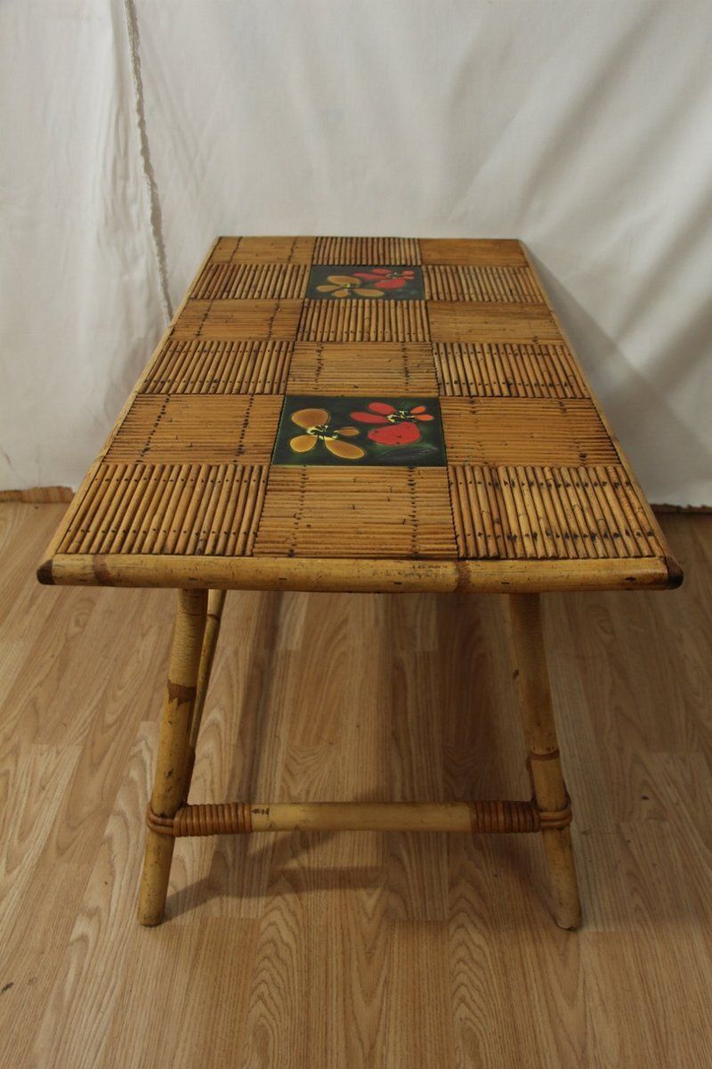 Coffee Table In Rattan And Ceramic By Audoux Minet For Vallauris, 1960s photo buy