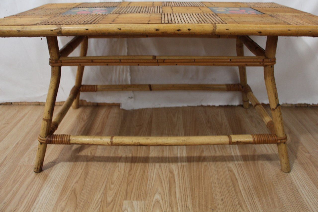 Coffee Table In Rattan And Ceramic By Audoux Minet For Vallauris, 1960s photo vintage