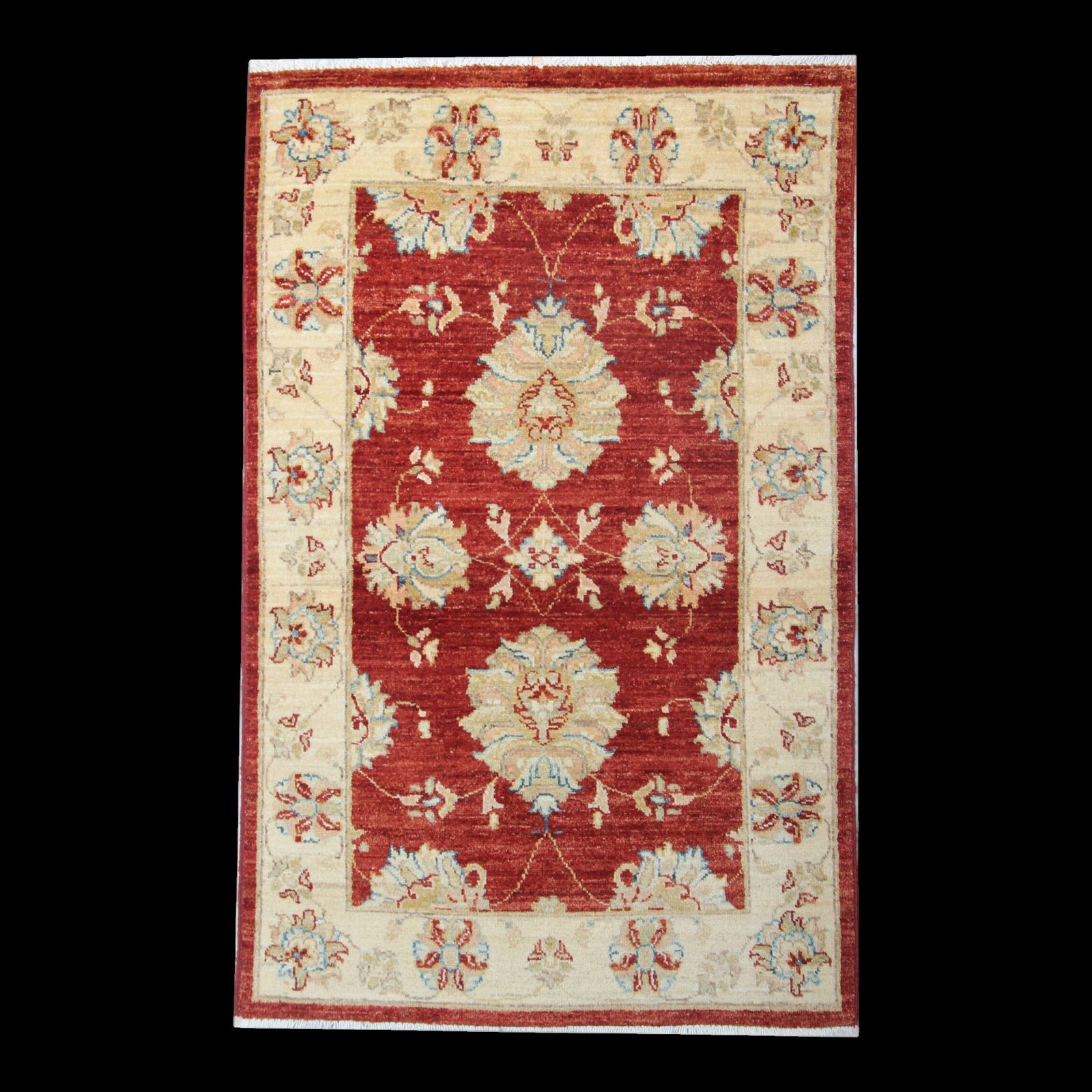 Red Gold Wool Rug, Handmade Floral Oriental Carpet 121x77cm Bedroom Decor