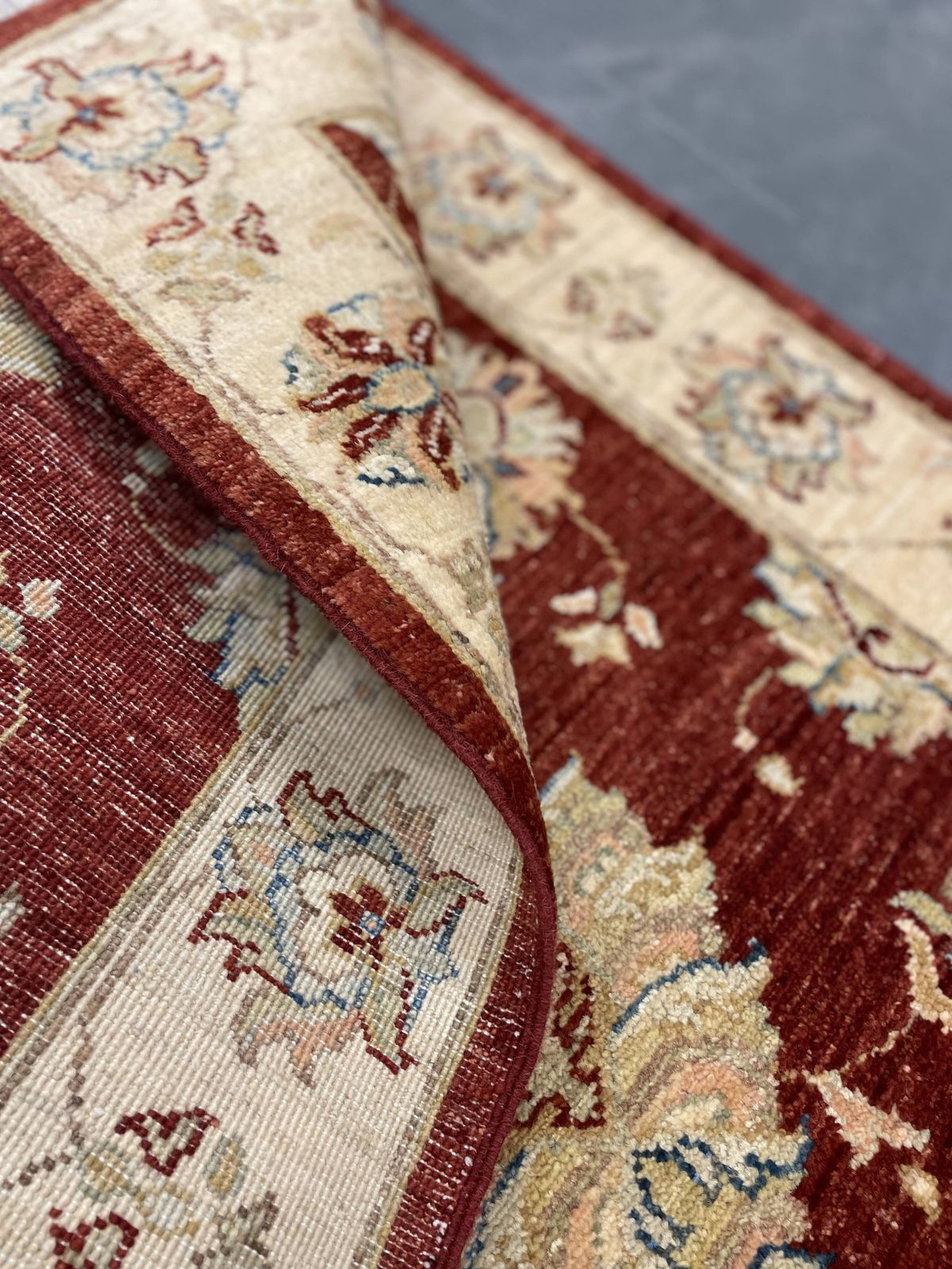 photo for sale Red Gold Wool Rug, Handmade Floral Oriental Carpet 121x77cm Bedroom Decor