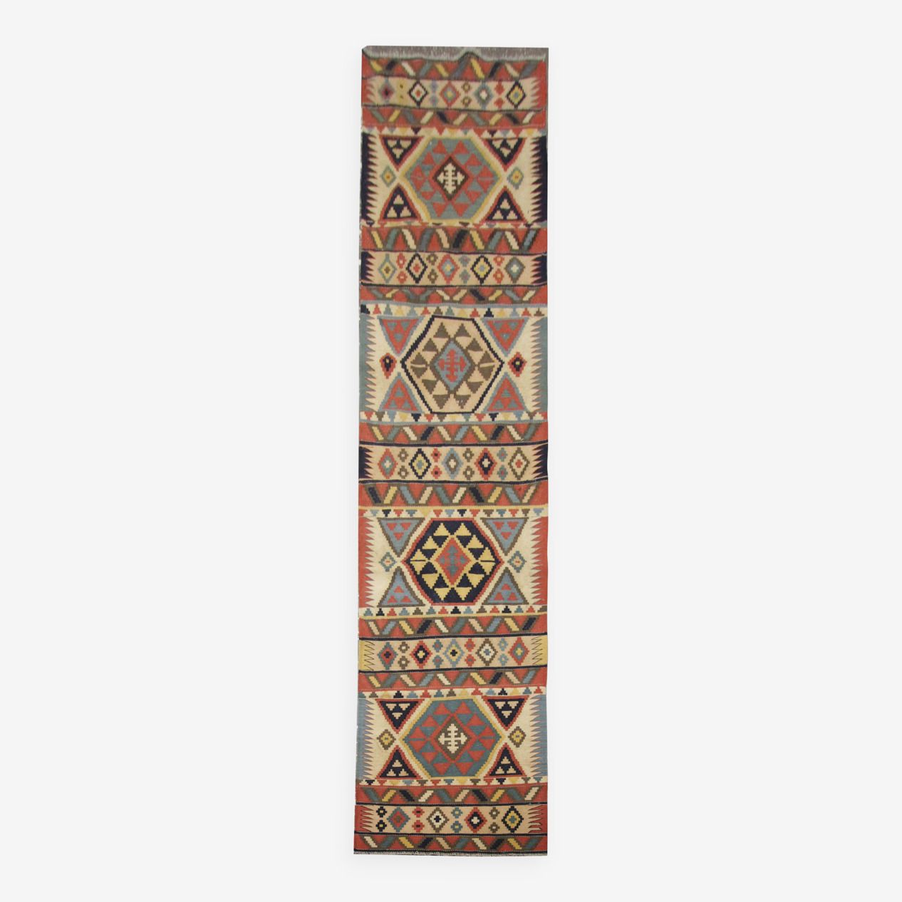 Handmade Wool Kilim Runner Rug Beige With Tribal Geometric Zigzag Patterns