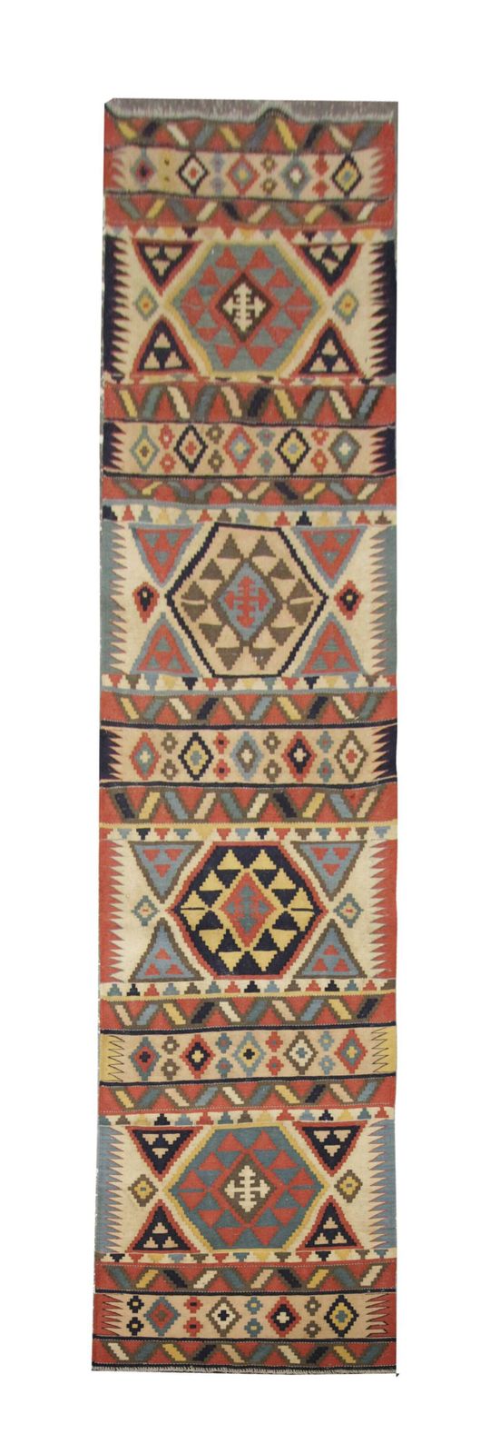Handmade Wool Kilim Runner Rug Beige With Tribal Geometric Zigzag Patterns photo furniture