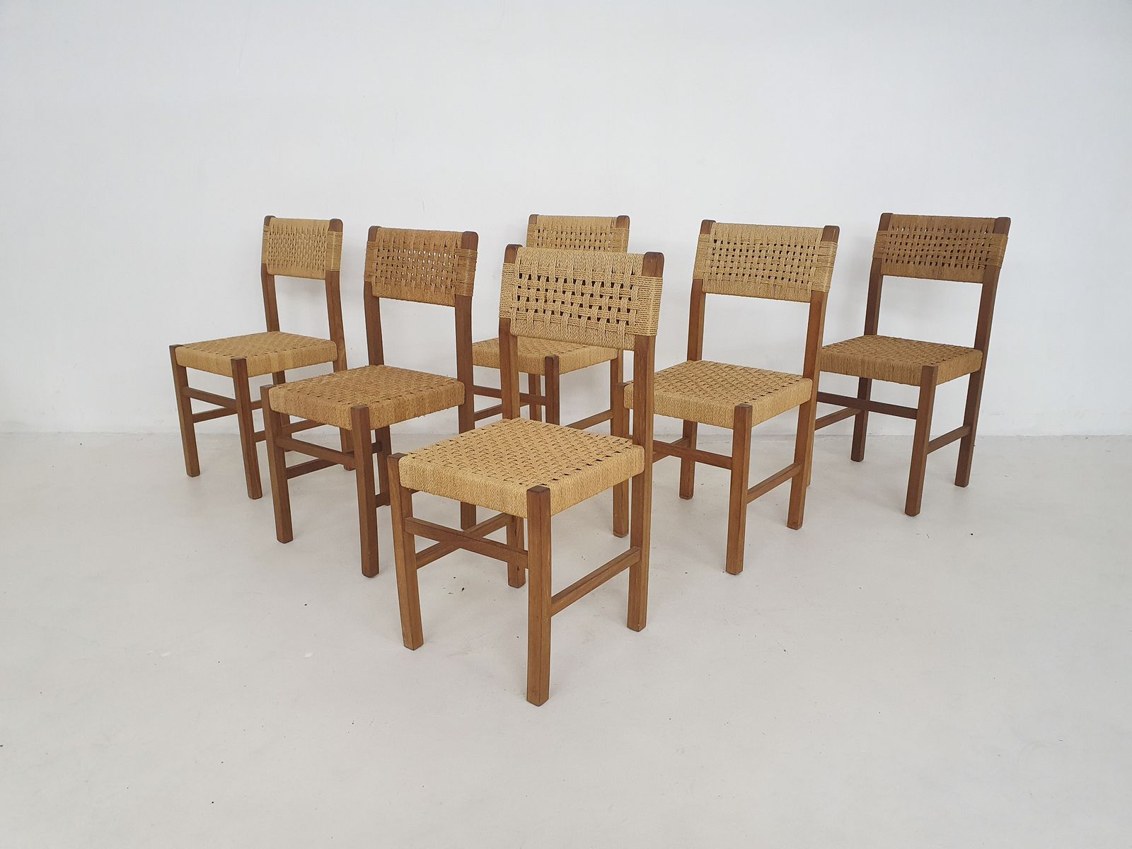 Set Of Six Papercord Dining Chairs, France 1950's photo furniture