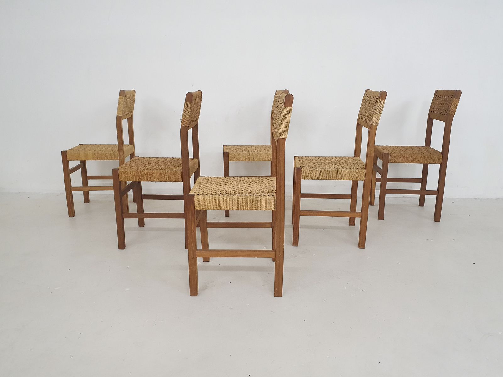 Set Of Six Papercord Dining Chairs, France 1950's photo Furniture