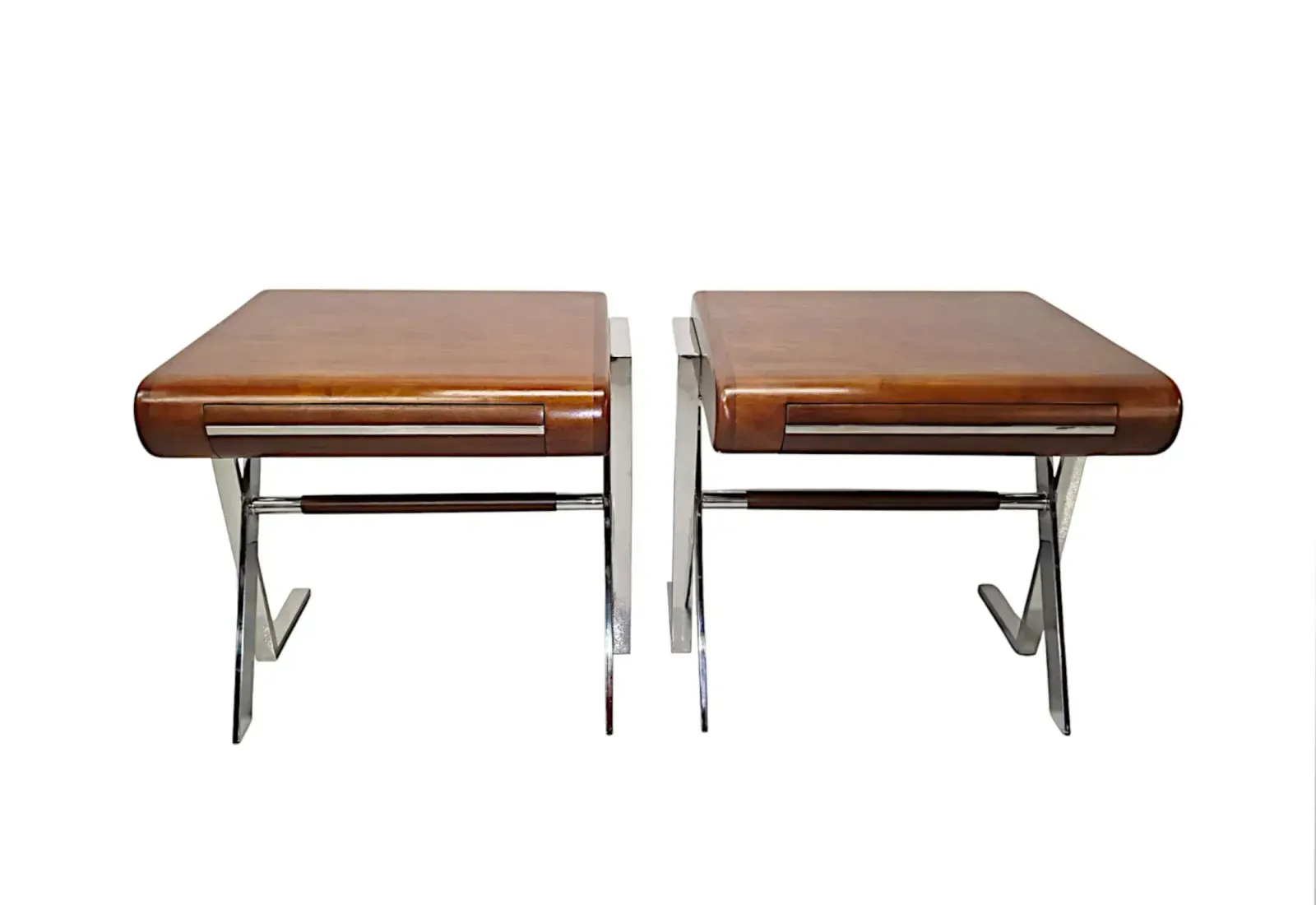 A Stunning Pair Of Contemporary Hand Made Mid Century Design Walnut And Chrome Bedside Or Side Tables