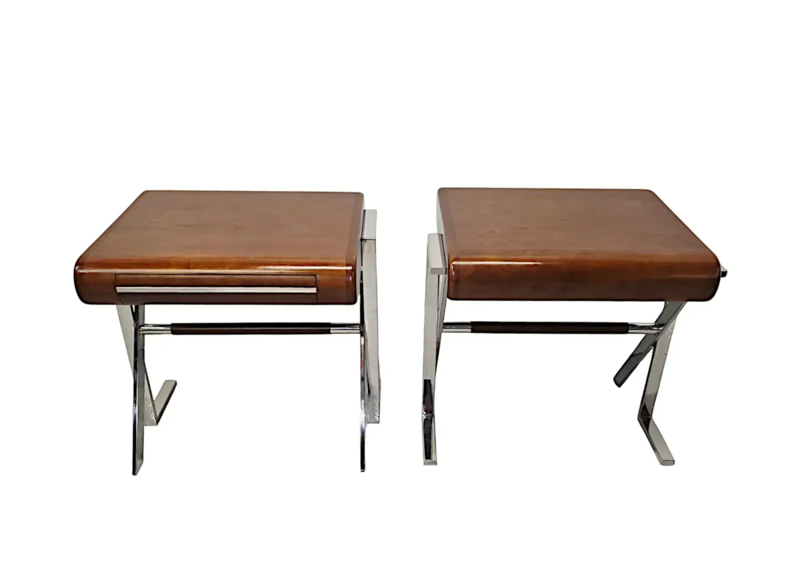 A Stunning Pair Of Contemporary Hand Made Mid Century Design Walnut And Chrome Bedside Or Side Tables photo vinterior