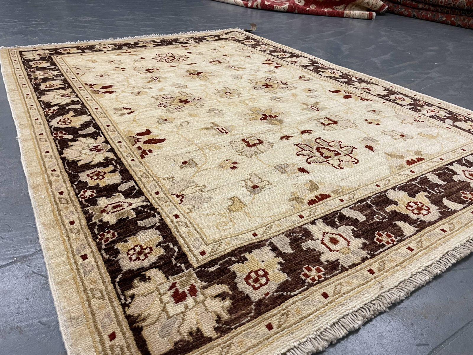 Beautiful Cream Brown Wool Rug, Floral Oriental Traditional Rug 106x150cm photo for sale