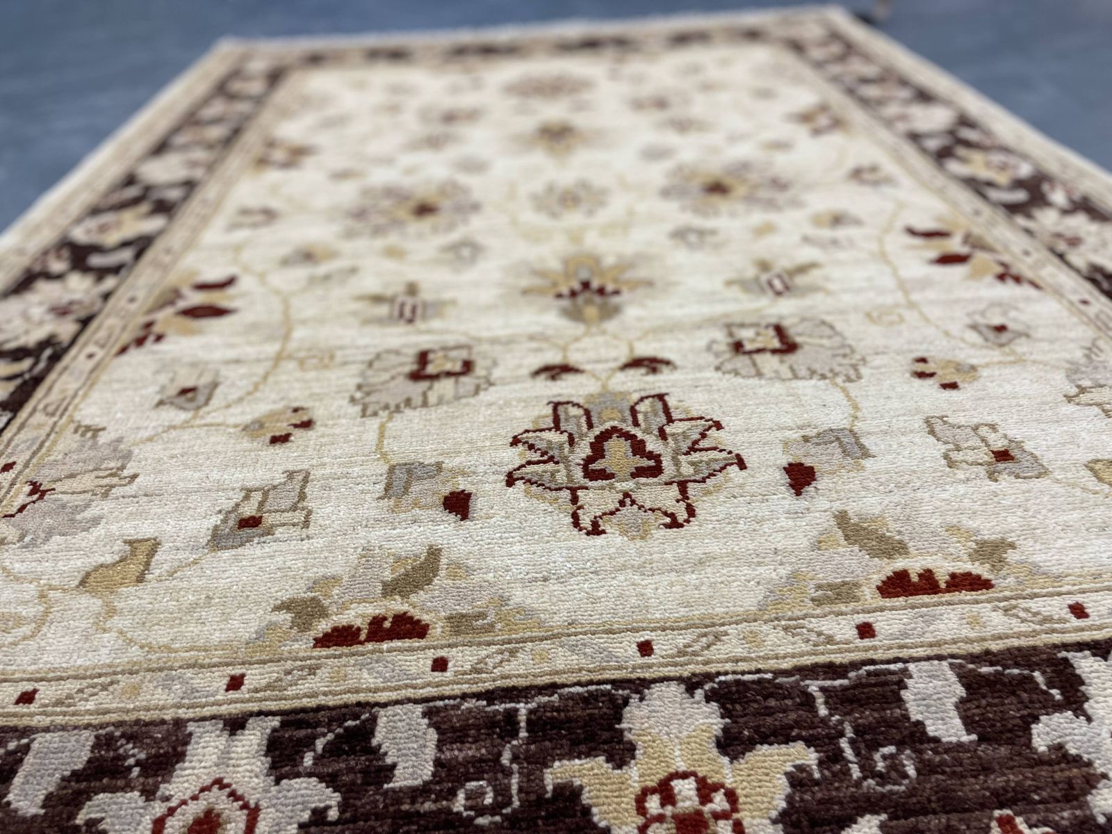 Beautiful Cream Brown Wool Rug, Floral Oriental Traditional Rug 106x150cm photo 693.0