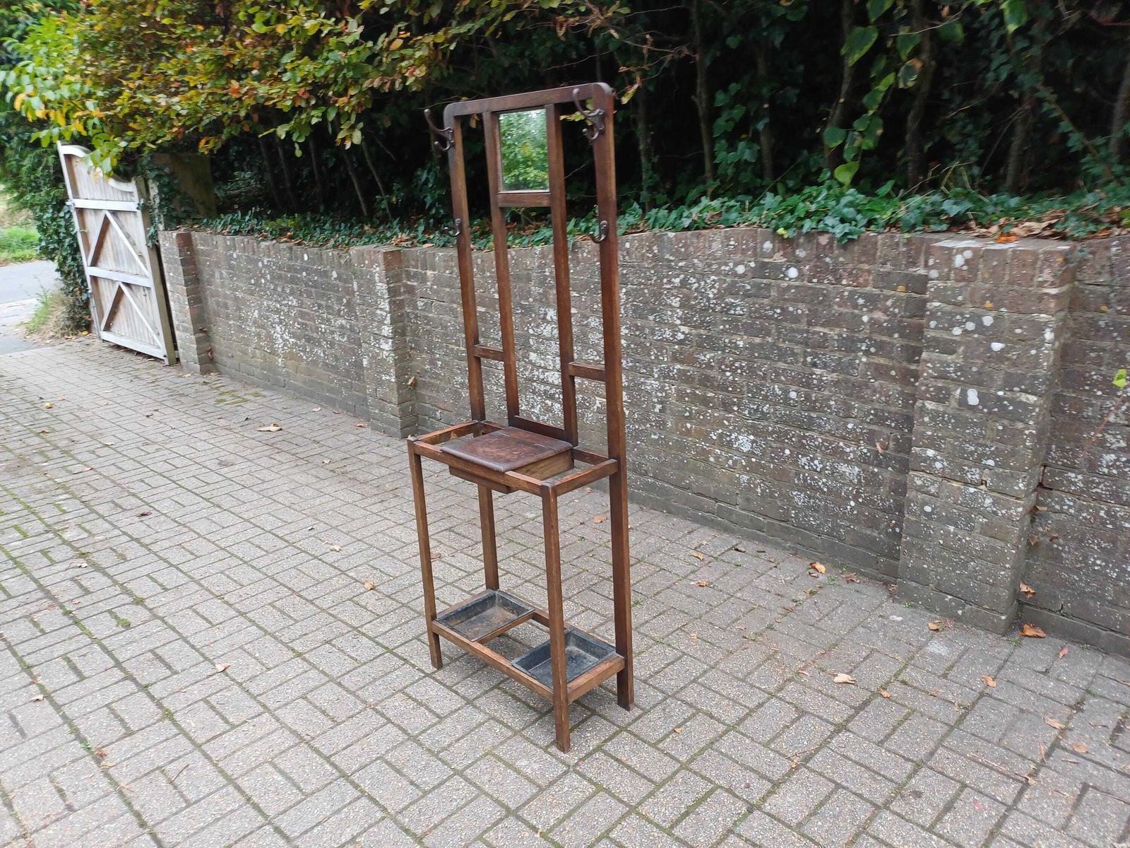 Antique Arts And  Crafts Oak Hall Stand Stick & Umbrella Stand With Mirror, 4 Hooks Lift Seat Storage And Twin Drip Trays Edwardian Entrance photo 519.0