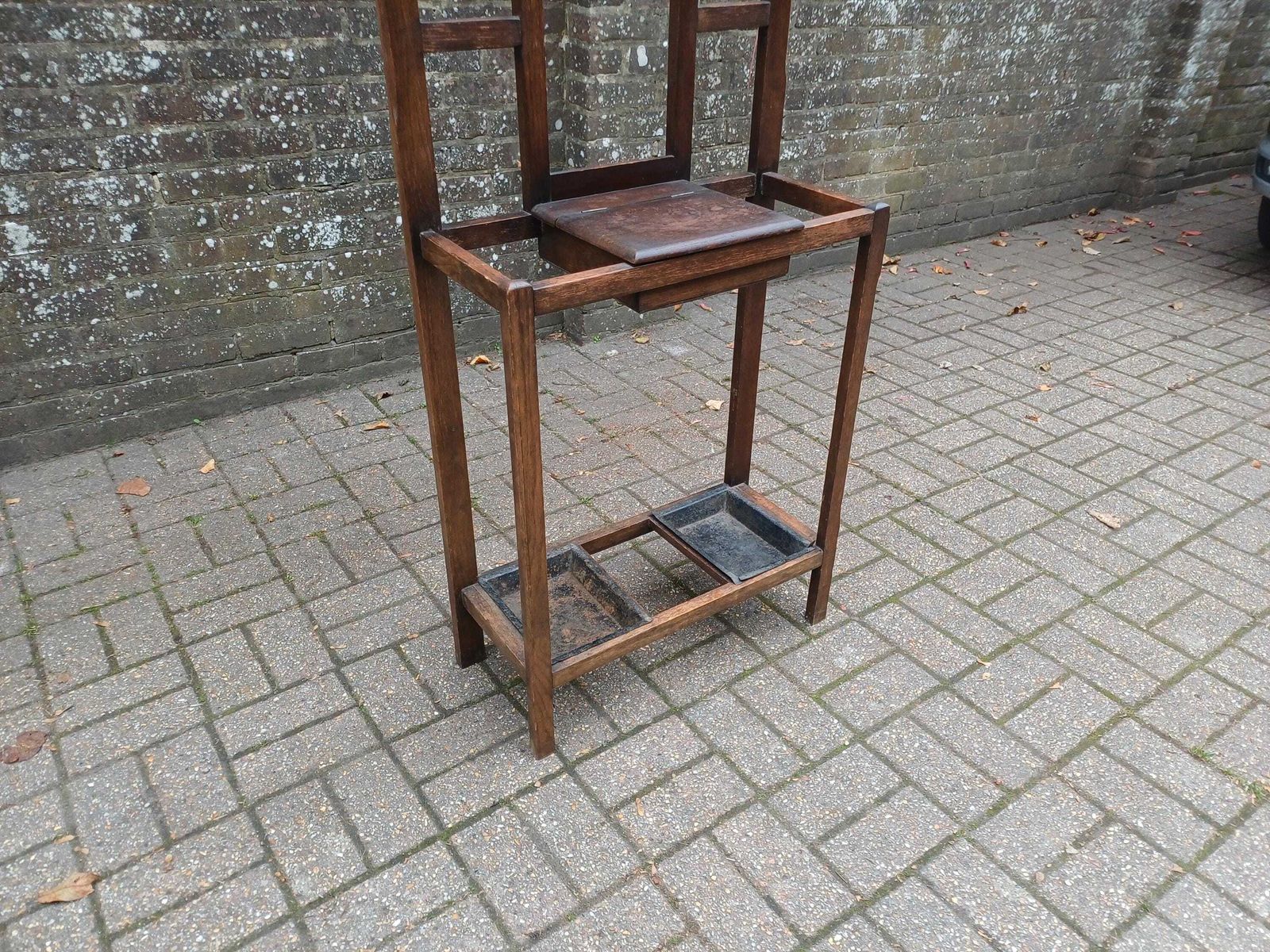 Antique Arts And  Crafts Oak Hall Stand Stick & Umbrella Stand With Mirror, 4 Hooks Lift Seat Storage And Twin Drip Trays Edwardian Entrance photo vinterior