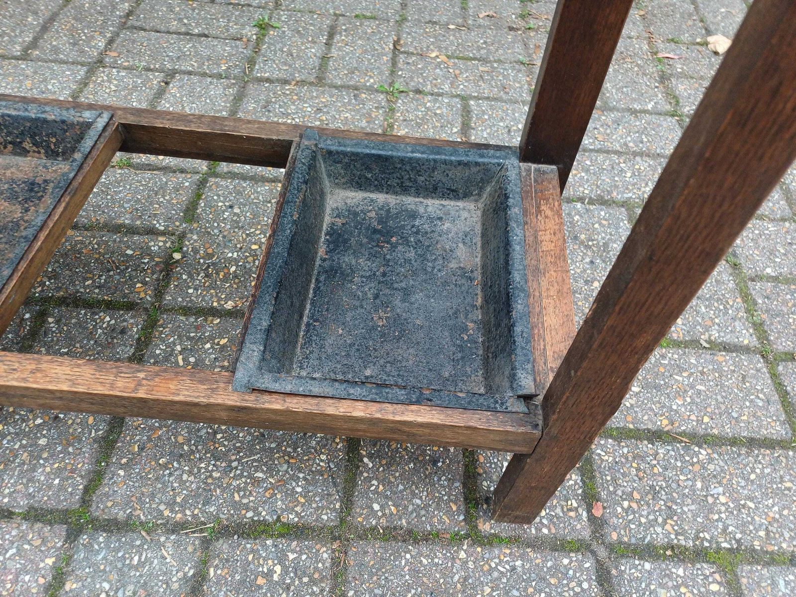 photo buy Antique Arts And  Crafts Oak Hall Stand Stick & Umbrella Stand With Mirror, 4 Hooks Lift Seat Storage And Twin Drip Trays Edwardian Entrance