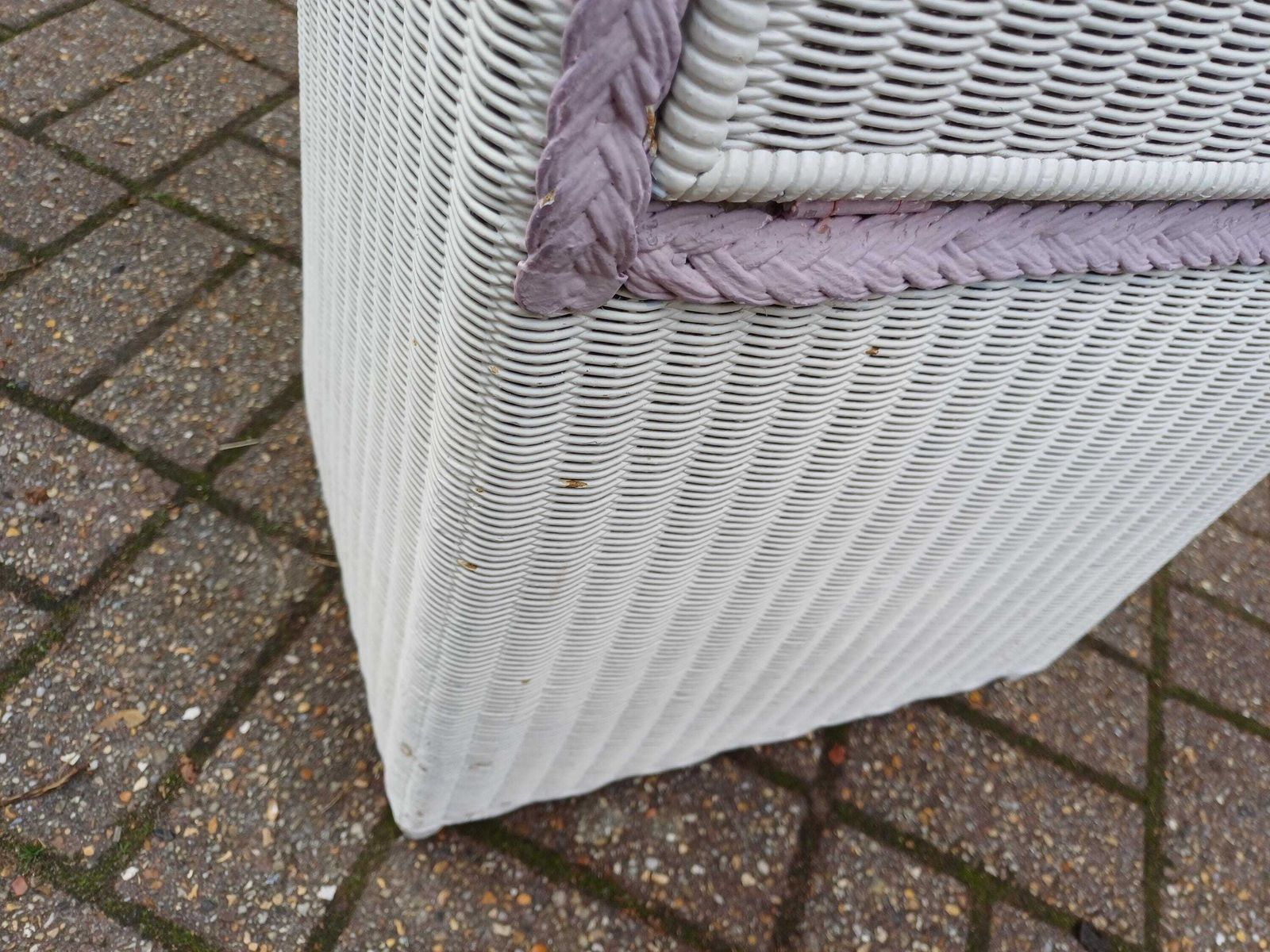 Genuine Lloyd Loom Laundry Bin With Glass Top – Vintage White & Lilac Wicker Hamper Cabinet, Brass Knob, Bathroom/Bedroom Storage Side Table photo buy