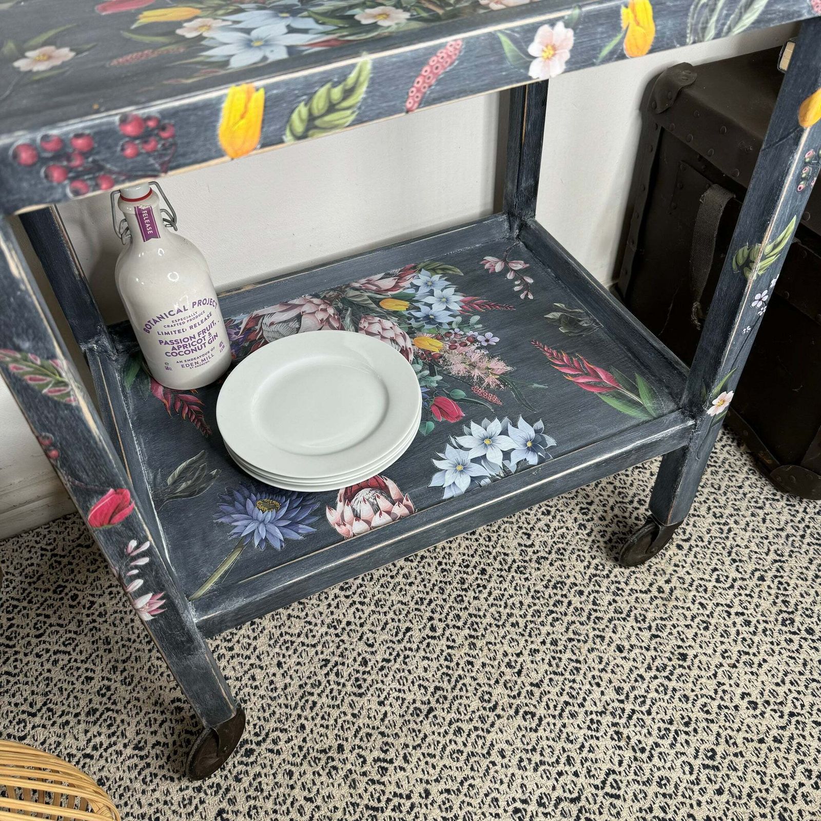 Vintage Bar Cart / Drinks Tea Trolley Painted Grey And Floral photo buy