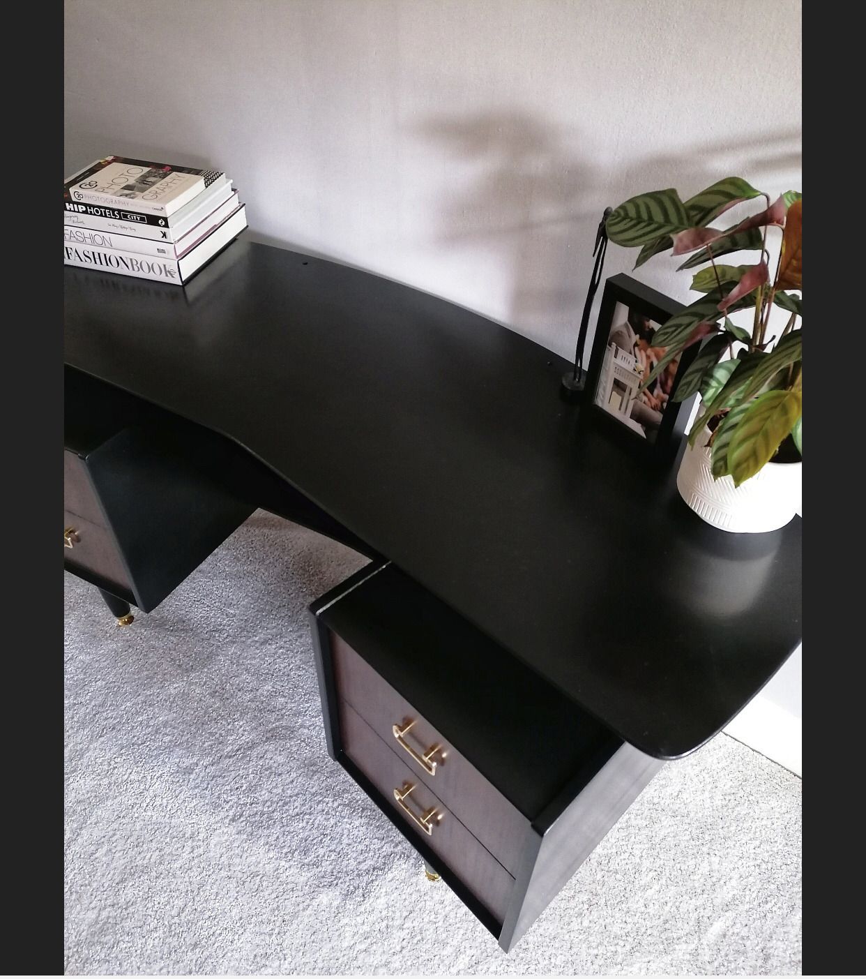 Mid Century Upcycled Painted Dressing Table For New Home Black And Gold Furniture For Bedroom Office photo for sale