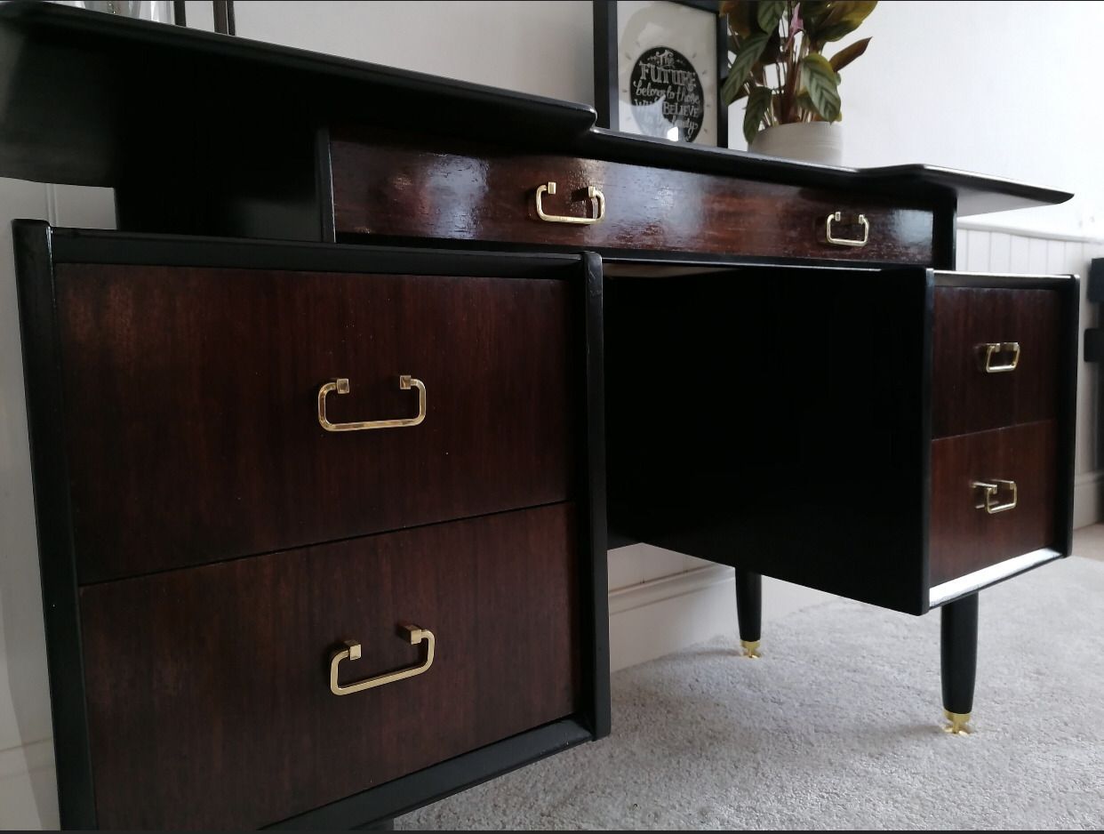 Mid Century Upcycled Painted Vanity Table For New Home Black And Gold Furniture For Bedroom photo for sale
