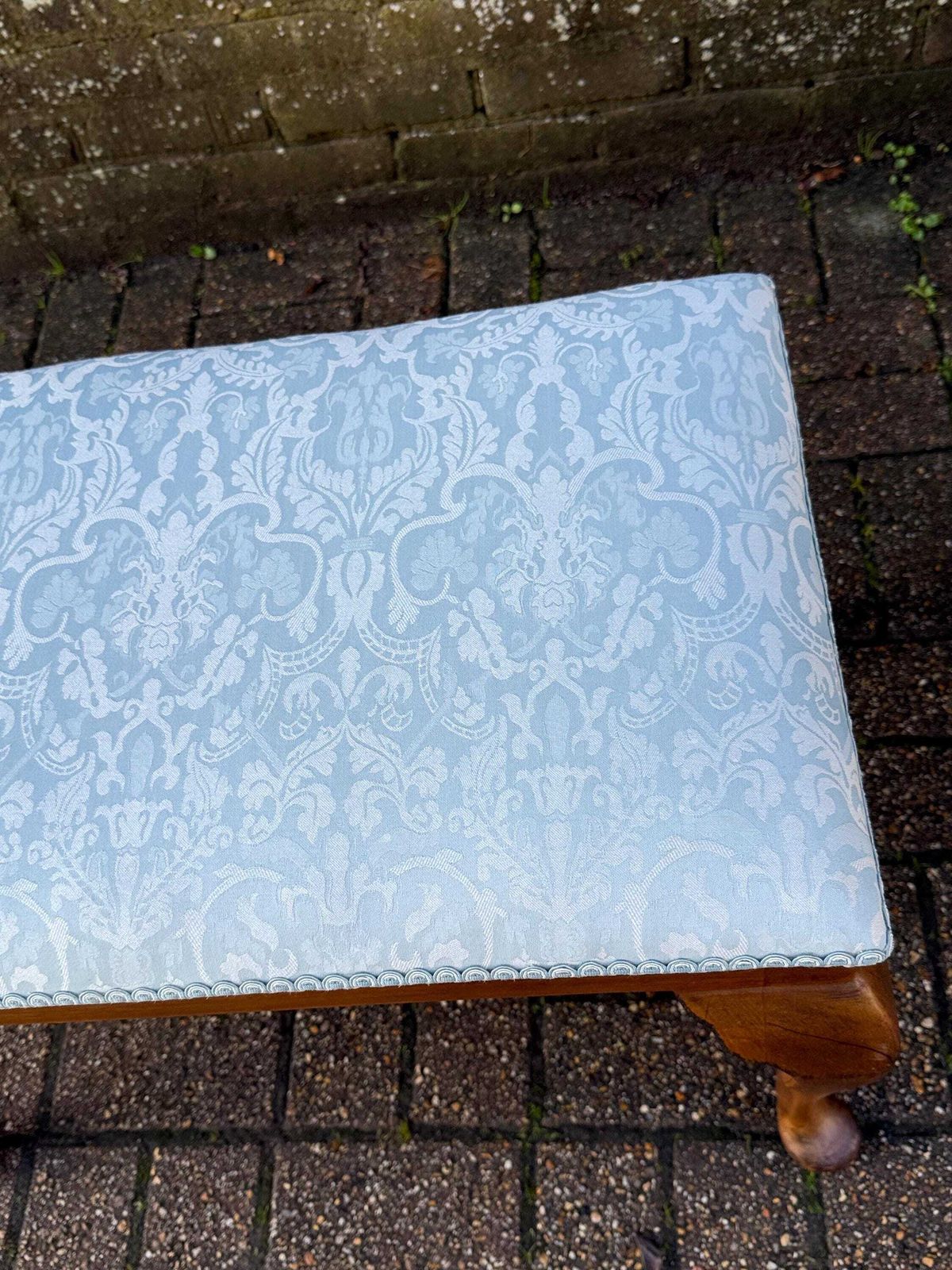 Vintage 1950s Morris Of Glasgow Queen Anne Style Stool, Re Upholstered Mahogany Bench, Mid Century Vanity Seat Blue Damask Fabric photo vintage
