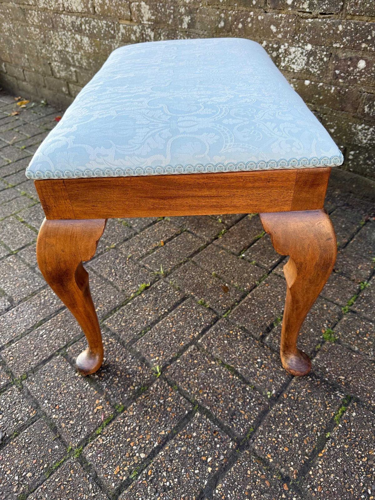 Furniture Vintage 1950s Morris Of Glasgow Queen Anne Style Stool, Re Upholstered Mahogany Bench, Mid Century Vanity Seat Blue Damask Fabric photo