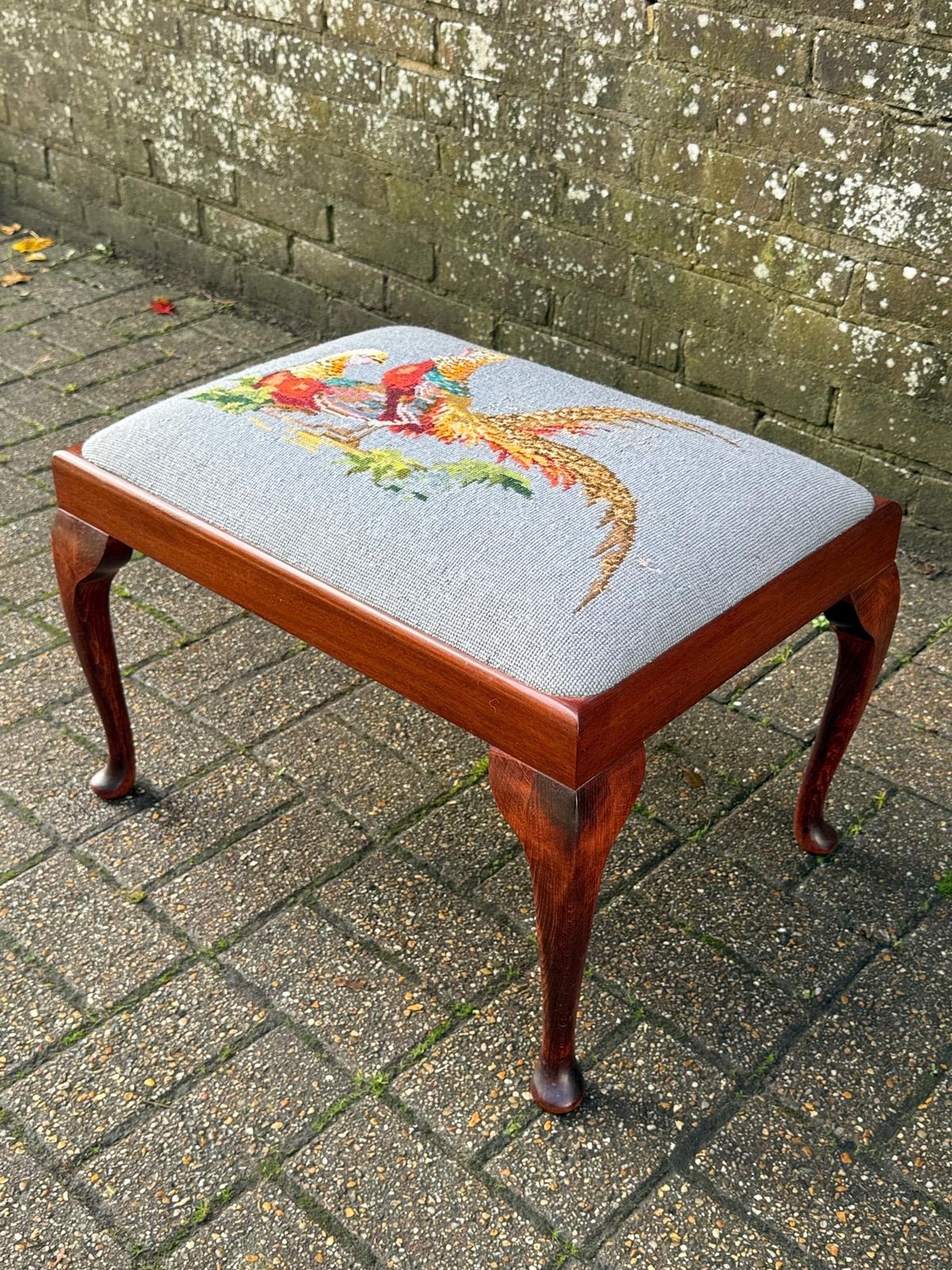 Vintage Queen Anne Needlepoint Stool, Luxury Needlepoint Tapestries London Mahogany Vanity Seat With Pheasant Design, Vintage Stool Cabriole photo vintage