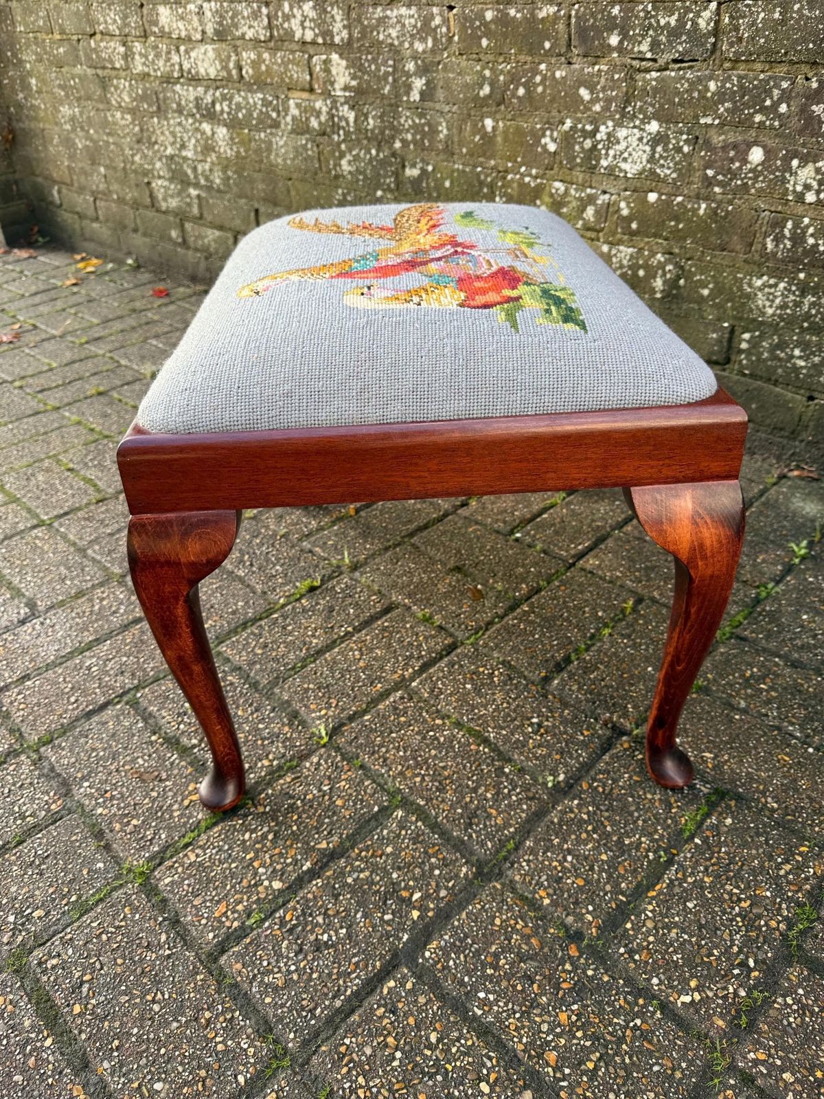 Furniture Vintage Queen Anne Needlepoint Stool, Luxury Needlepoint Tapestries London Mahogany Vanity Seat With Pheasant Design, Vintage Stool Cabriole photo