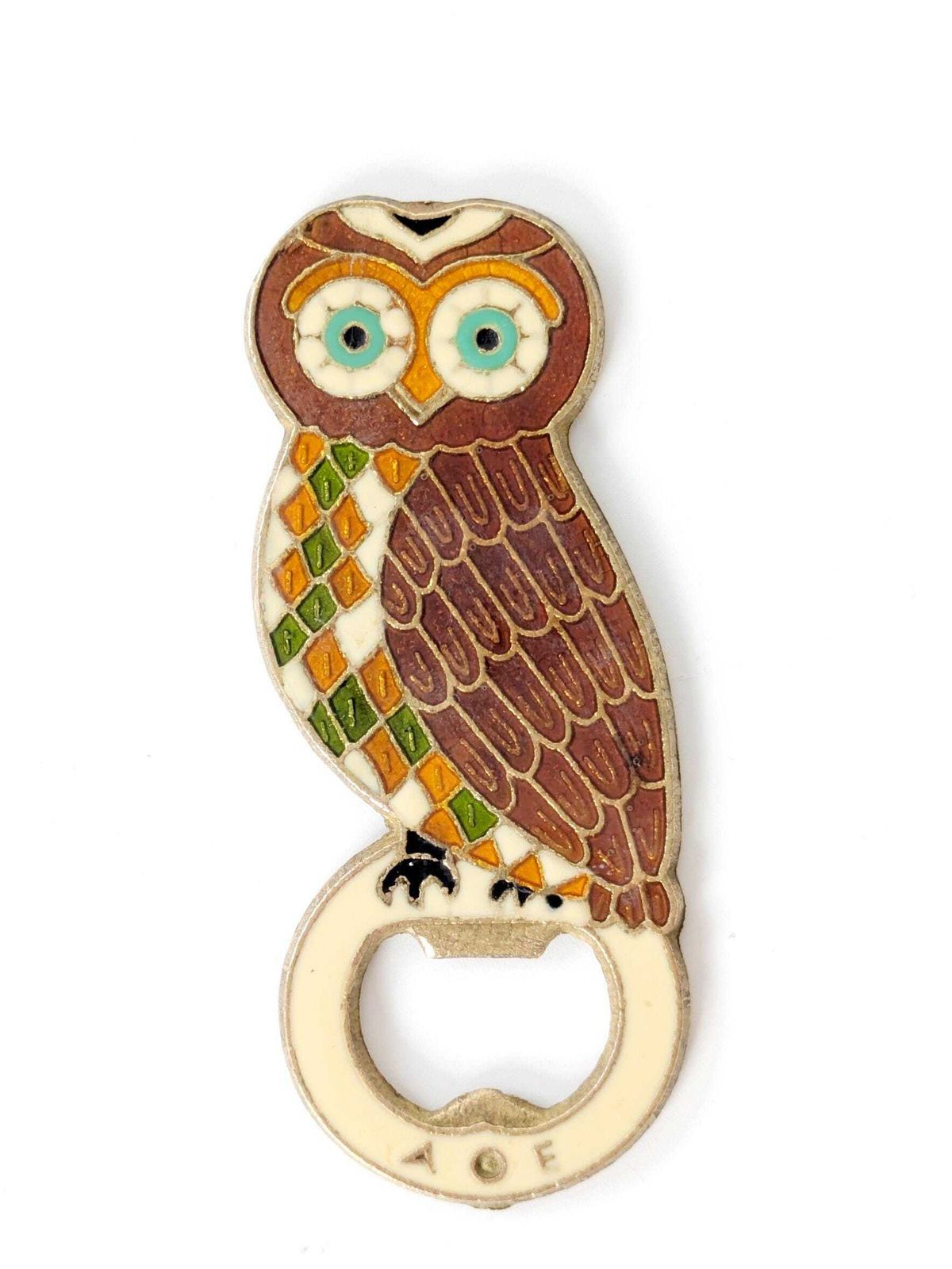 Vintage Greek Bronze Owl Bottle Opener: 1980s Enameled Athena Symbol Of Wisdom And Prosperity photo for sale