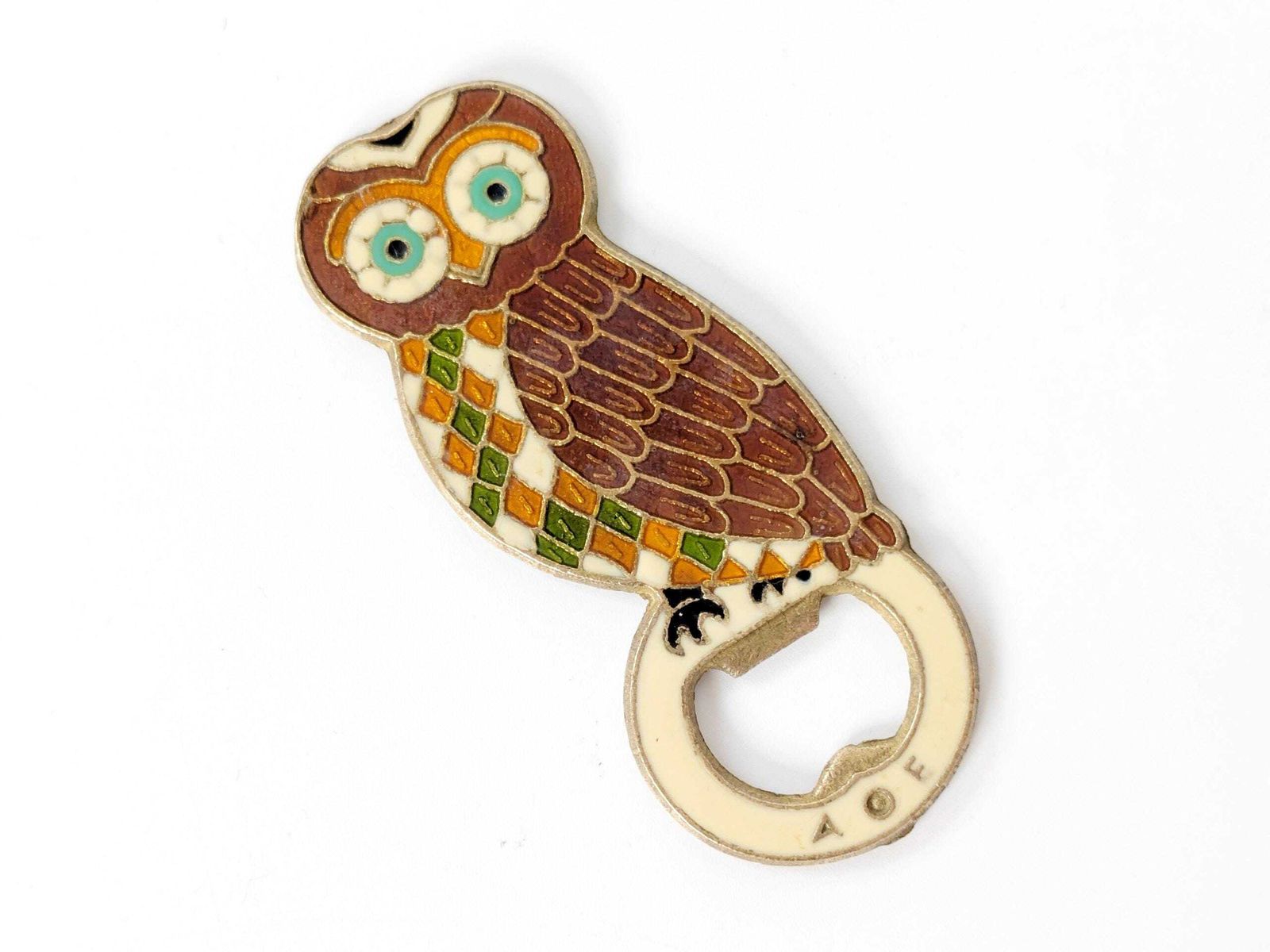 82.0 Vintage Greek Bronze Owl Bottle Opener: 1980s Enameled Athena Symbol Of Wisdom And Prosperity photo