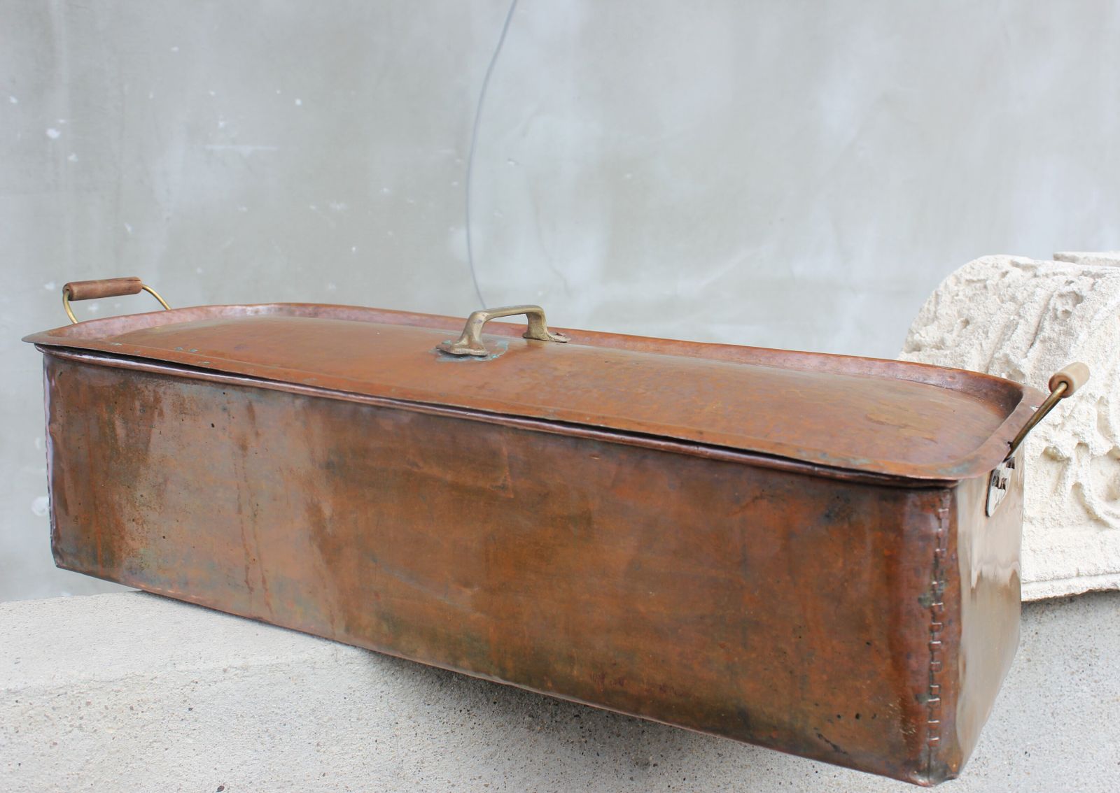 Large 19th Century French Copper Fish Poacher With Lid – Hand Hammered Tin Lined Culinary Vessel photo for sale