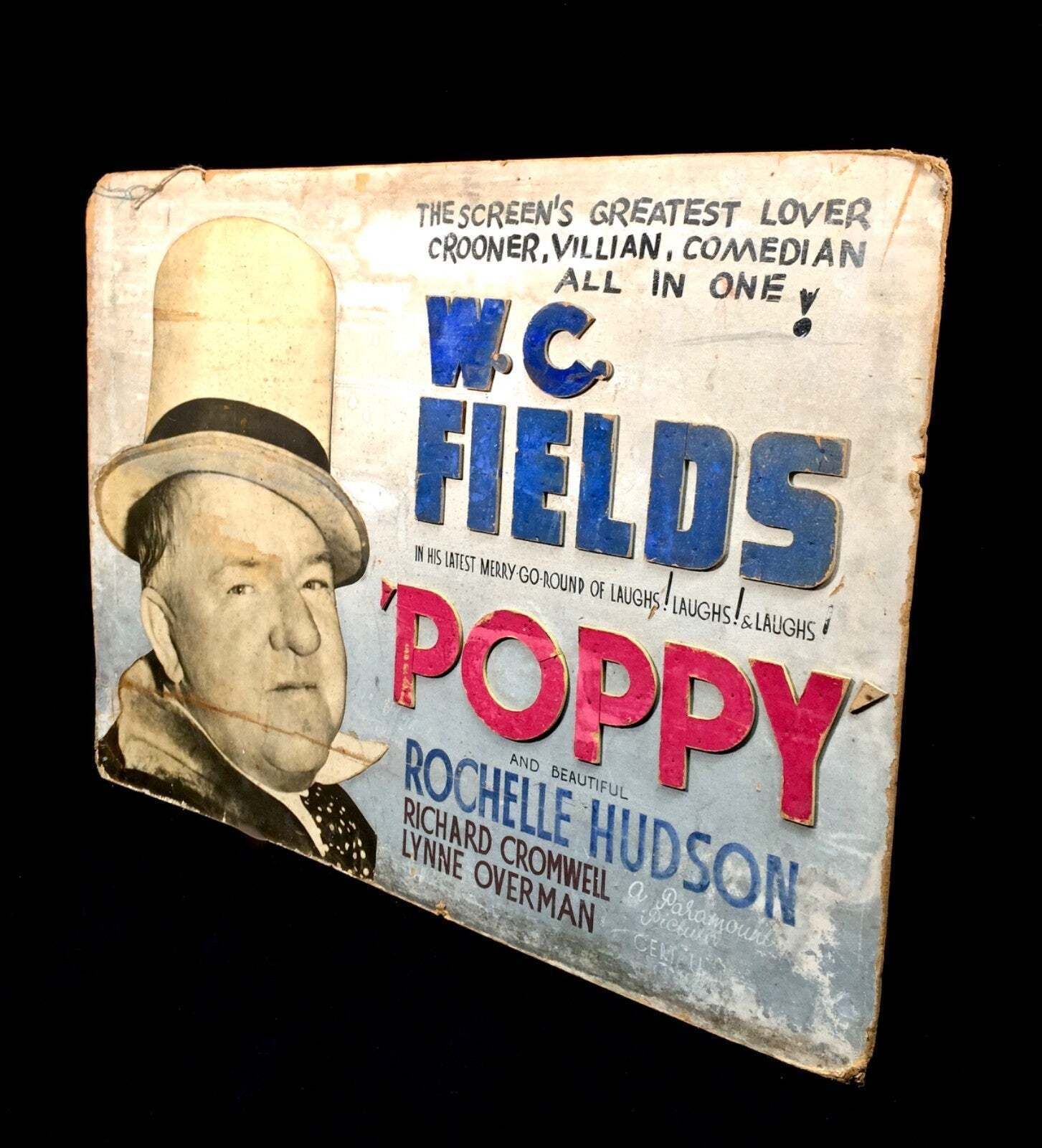 Antique Advertising Film Poster Sign / Movie Showcard W.C. Fields Poppy C.1936