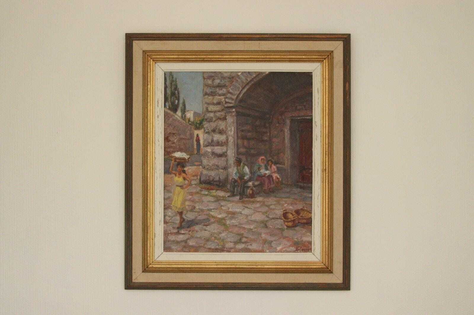 Original Swedish Oil On Canvas – “People In Village” By Pontus Viljanen – Signed & Framed – 55 × 64 Cm (21.7" × 25.2") photo for sale
