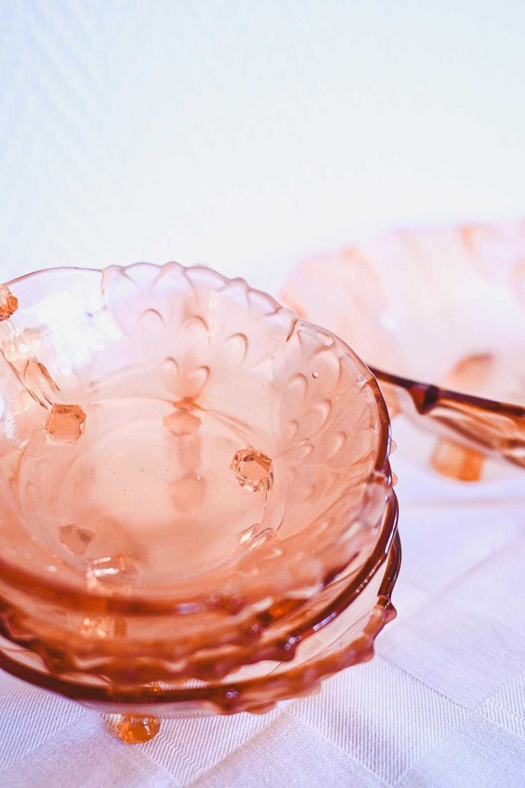 Vintage Czech Pink Depression Glass Berry Bowl Set 7 Pieces Floral Molded Glass Czechoslovakia 1930s Serving Bowl 24cm photo furniture