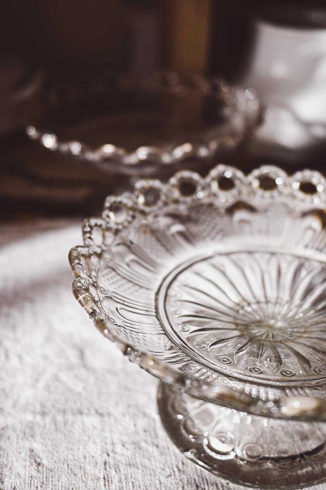 Vintage Pressed Glass Cake Stand Compote Antique Glass Pedestal Plate Crystal Dessert Stand Small Cake Plate Set Of 2 photo Home Decor