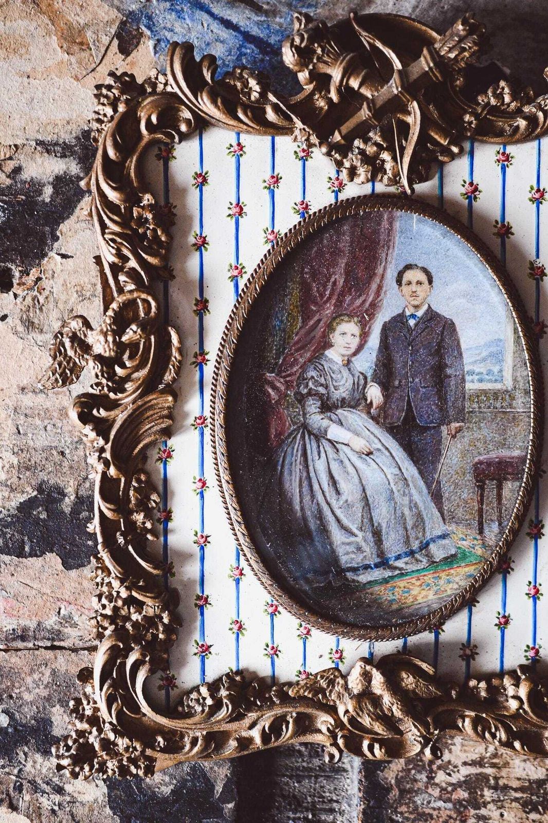 Antique Bronze & Porcelain Frame With Hand Painted Miniature Portrait | Rococo Victorian Couple | 19x22cm French Baroque Decor photo furniture
