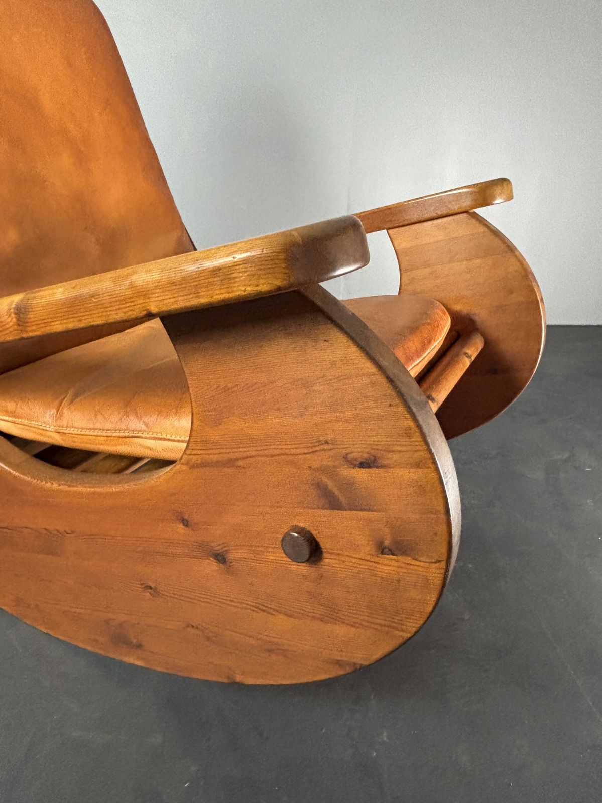 Brutalist Pine Rocking Lounge Chair With Leather Seat By Wasa 1984 photo vintage