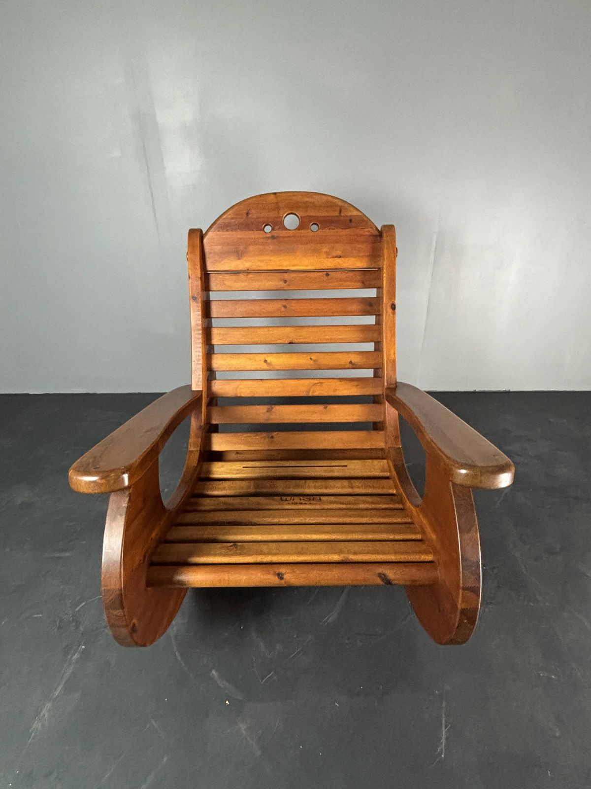 photo vintage Brutalist Pine Rocking Lounge Chair With Leather Seat By Wasa 1984