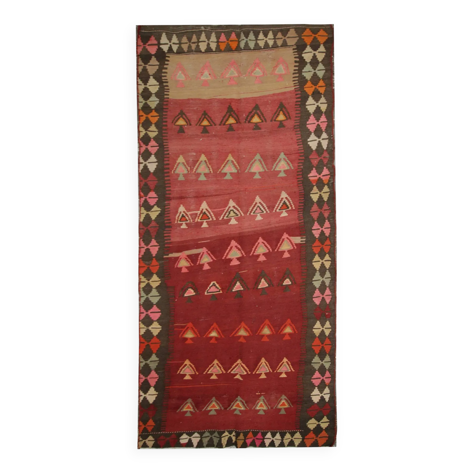 Vintage Kilim Rug, 1960s, In Burgundy And Pink Wool, 295 X 120 Cm