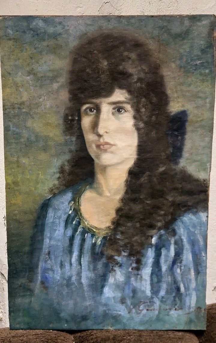 Painting On Canvas Portrait Woman 1930s Signed photo Art