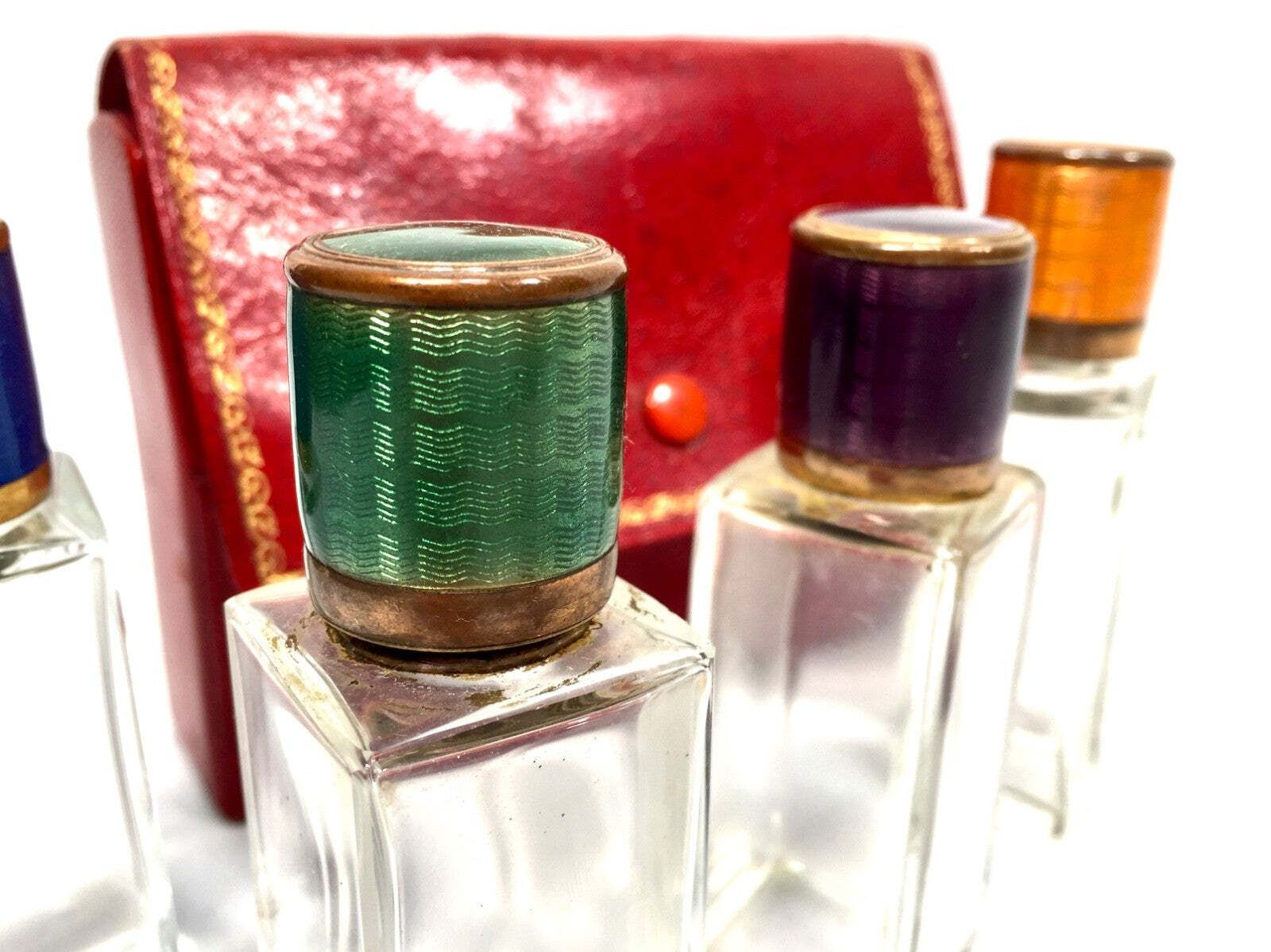 Antique Art Deco Glass Travel Fragrance Perfume Scent Bottle Set & Enamel Lids photo Home Decor