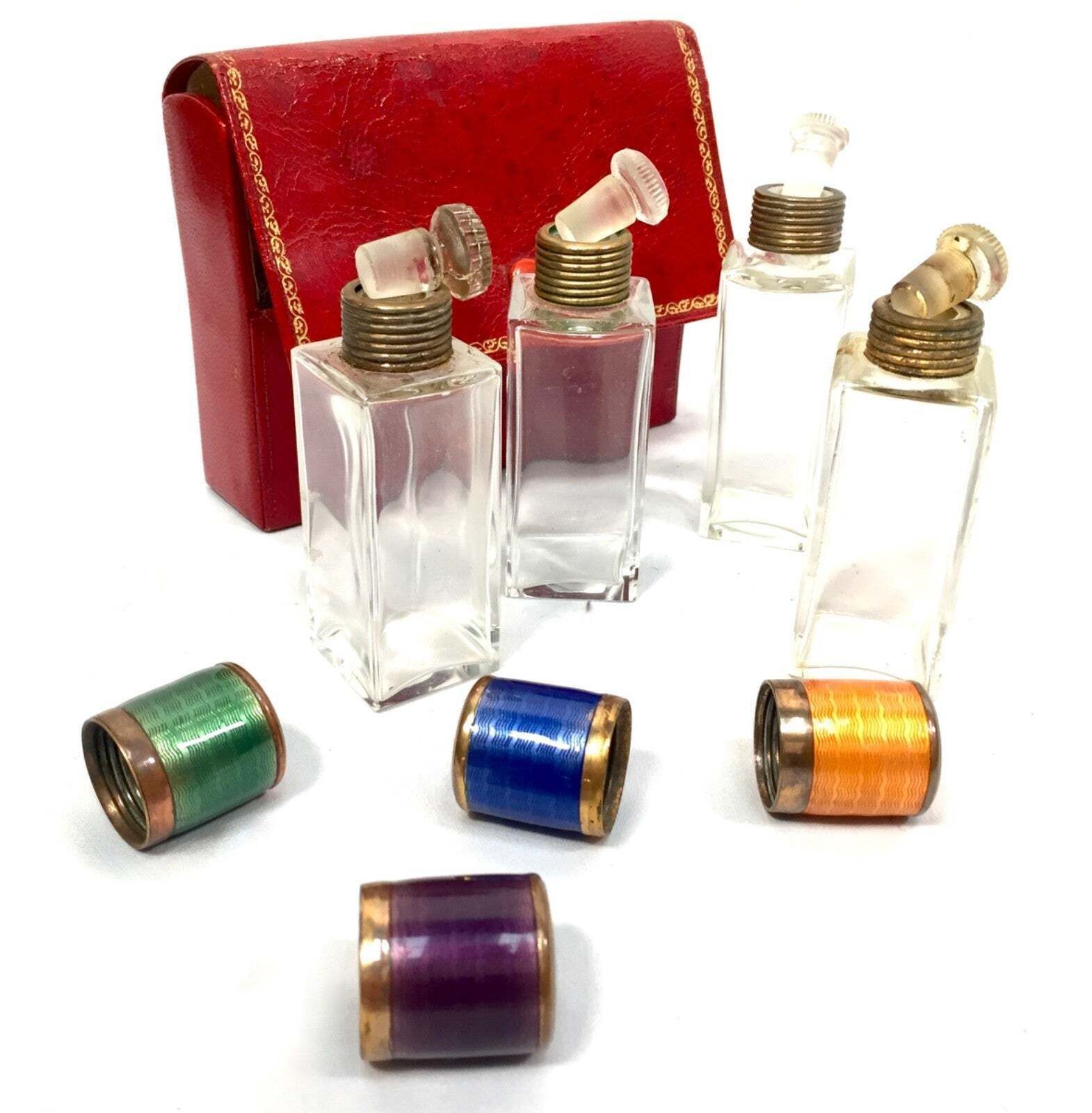 Antique Art Deco Glass Travel Fragrance Perfume Scent Bottle Set & Enamel Lids photo vinterior