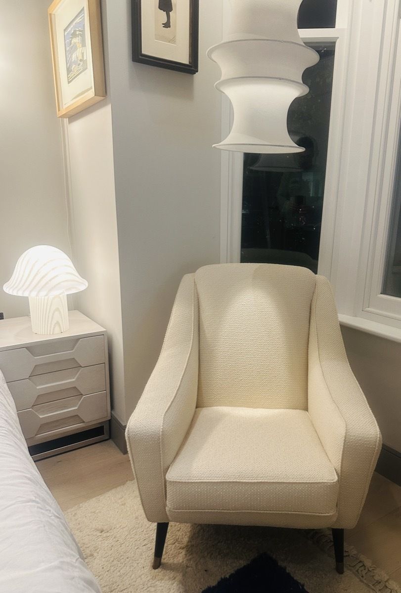 photo buy Pair Of 1950s French Cream Boucle & Brass Legs Lounge Armchairs