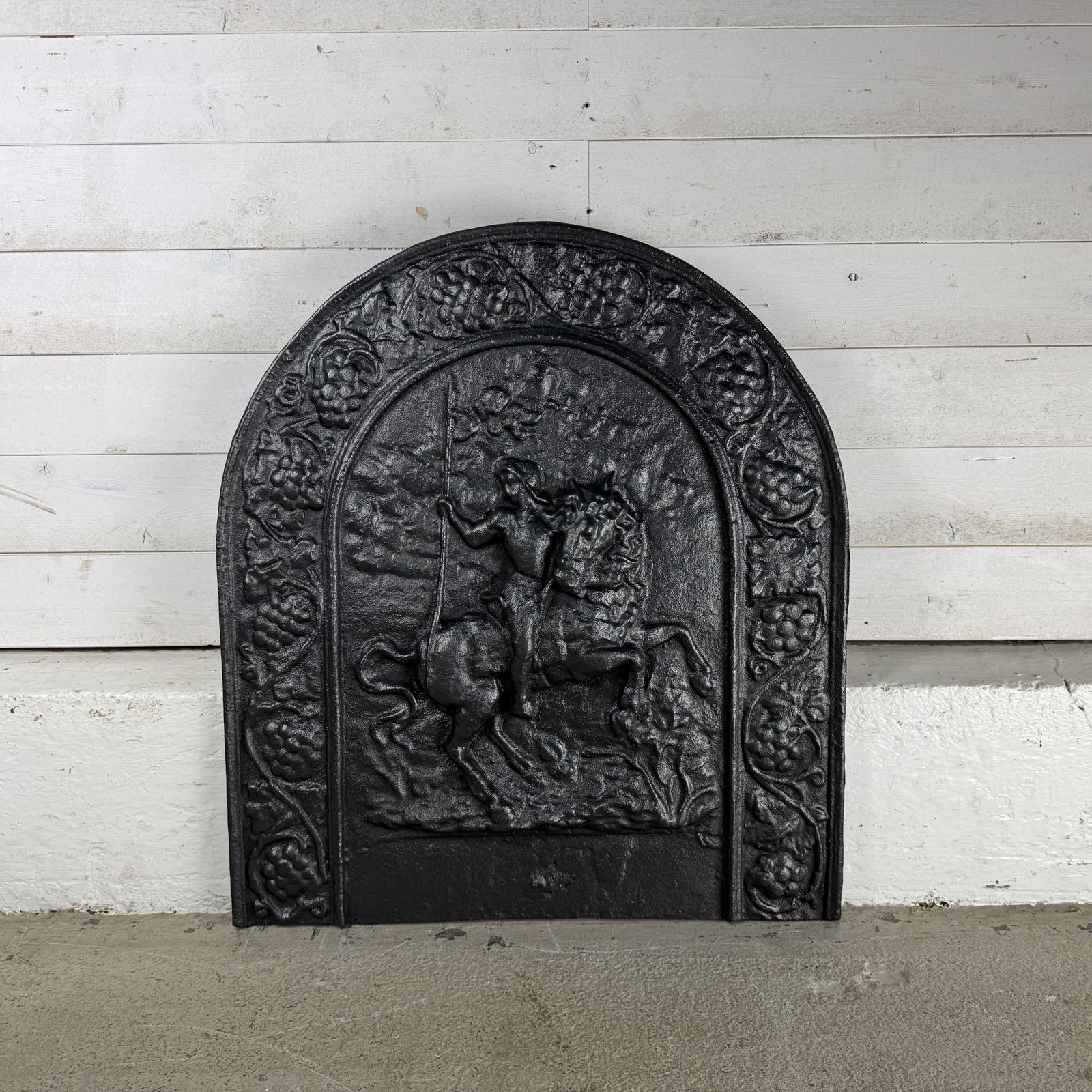 Antique Cast Iron Fire Back Depicting A Soldier On Horseback