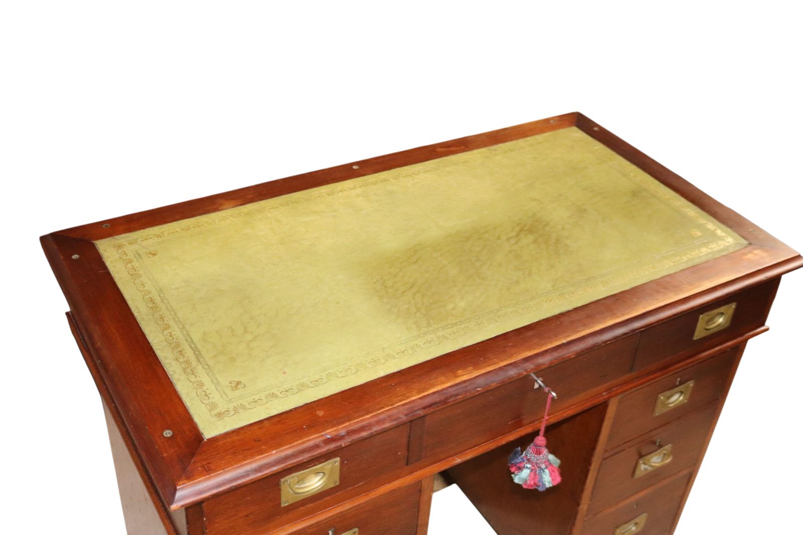 Vintage Mahogany Military Campaign Style Leather Top Pedestal Writing Desk photo furniture