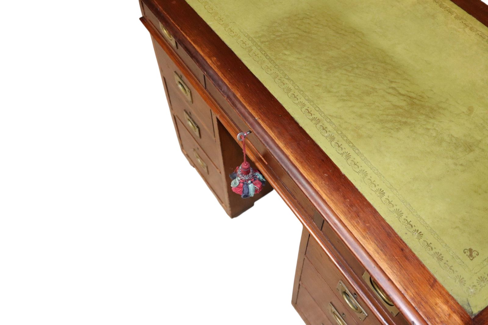 photo vintage Vintage Mahogany Military Campaign Style Leather Top Pedestal Writing Desk