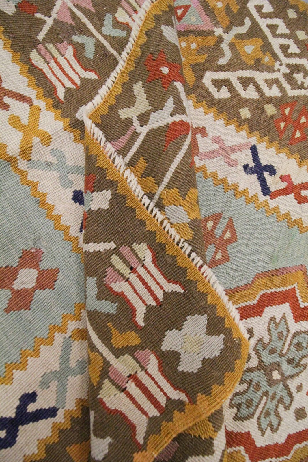 Antique Anatolian Kilim Rug, Flat Weave In Turquoise And Mustard Blue, 141 X 93 Cm photo buy